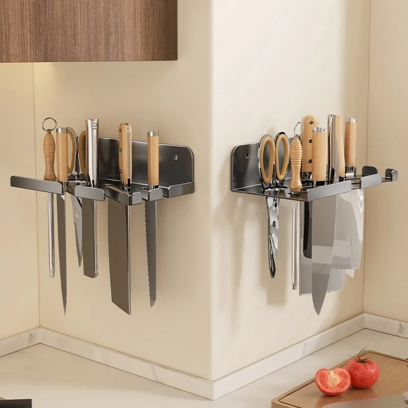 Stainless Steel Wall Mount Kitchen Knife Rack Adhesive Mount Multislot Organizer Holder for Knives Scissors Sharpening Tool