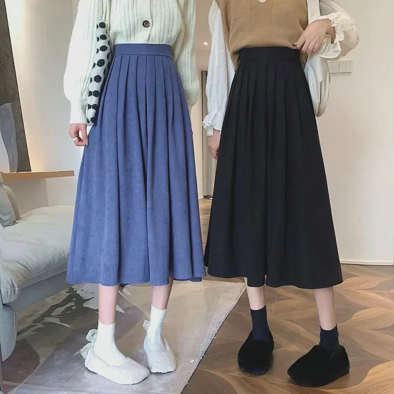 Vintage High Waist Pleated Long Skirt Women Preppy Style Slim Fit Black Midi Skirt Female Elegant Thick A-line Faldas Mujer Y2k