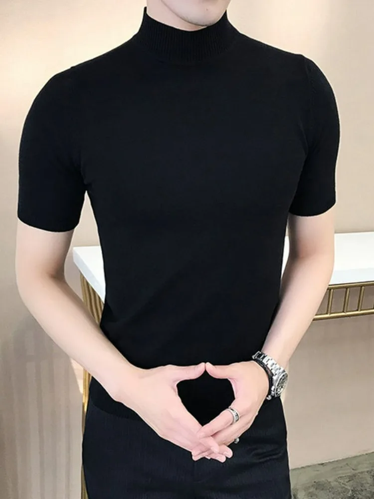 

Мужской вязаный свитер с высоким воротником и коротким рукавом, модный, приталенный, черный, весна-лето-осень, трендовый, новый топ