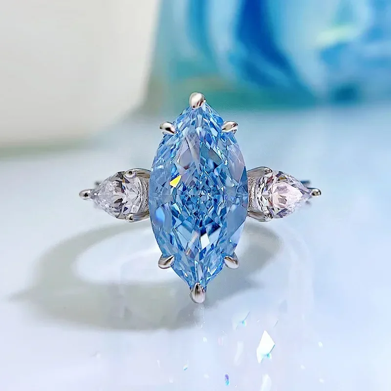 SpringQiaoer Luxury Silver 925 Jewelry Wedding Aquamarine Rings Marquise Cut Crystals Diamond Fine Jewelry for Woman Party Gift