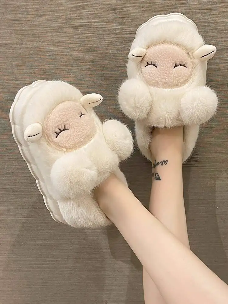 

2025 Winter New Women's Home Slippers Cartoon Cute Sheep Cotton Slippers Anti Slip Thick Soled Furry Indoor Household Slippers