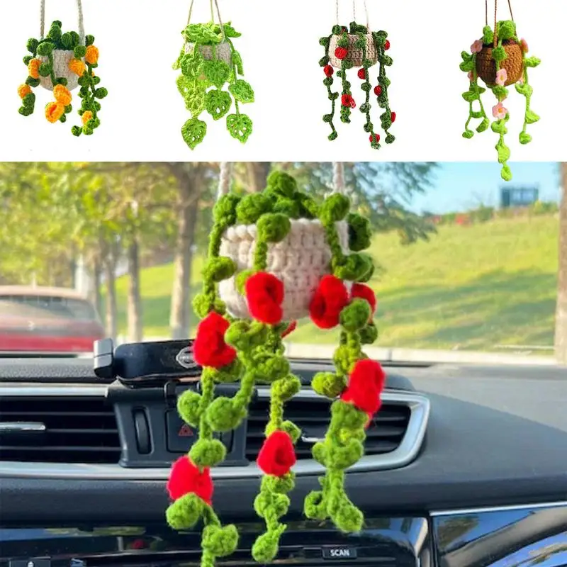 35g Car Plant Ornament High-Quality Yarn Rearview Mirror Decoration Artistic Masterpiece Car Plant Crochet Hanging Basket