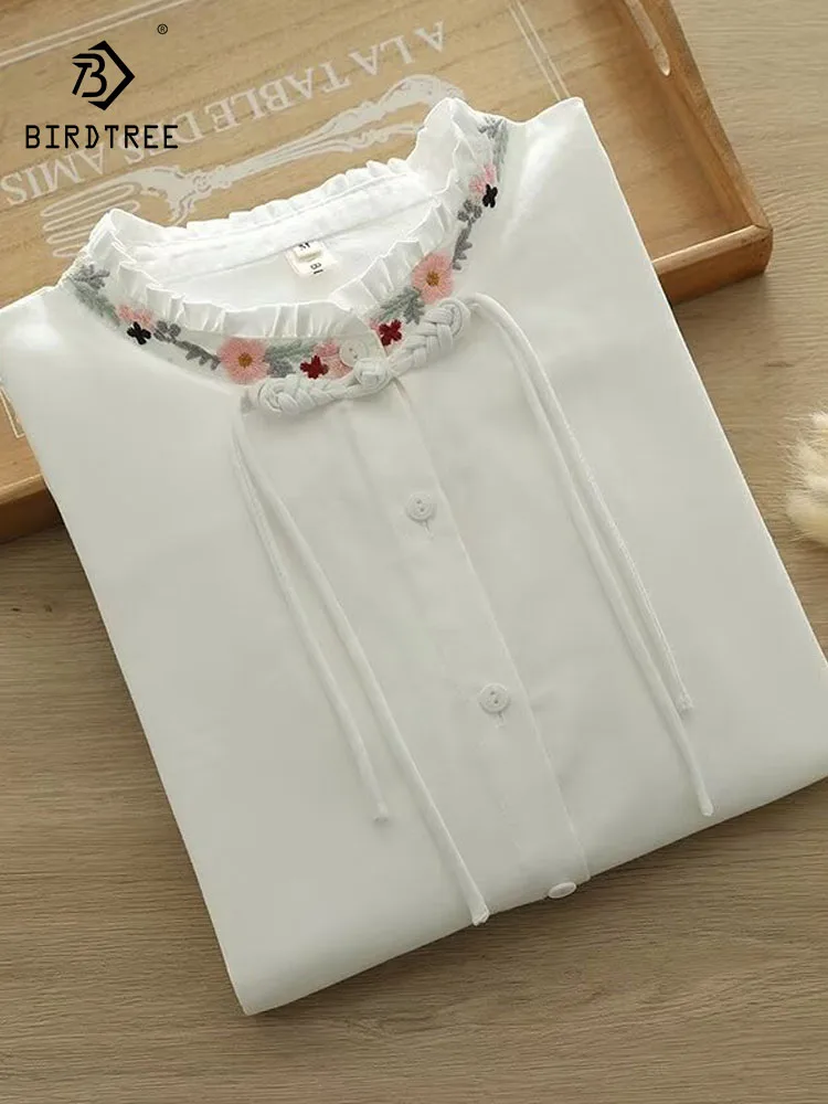 

New 2025 Autumn Cotton Long Sleeve Shirt, Women Stand Floral Embroidery, Mori Girl Retro National Style Loose Blouse T58422CC