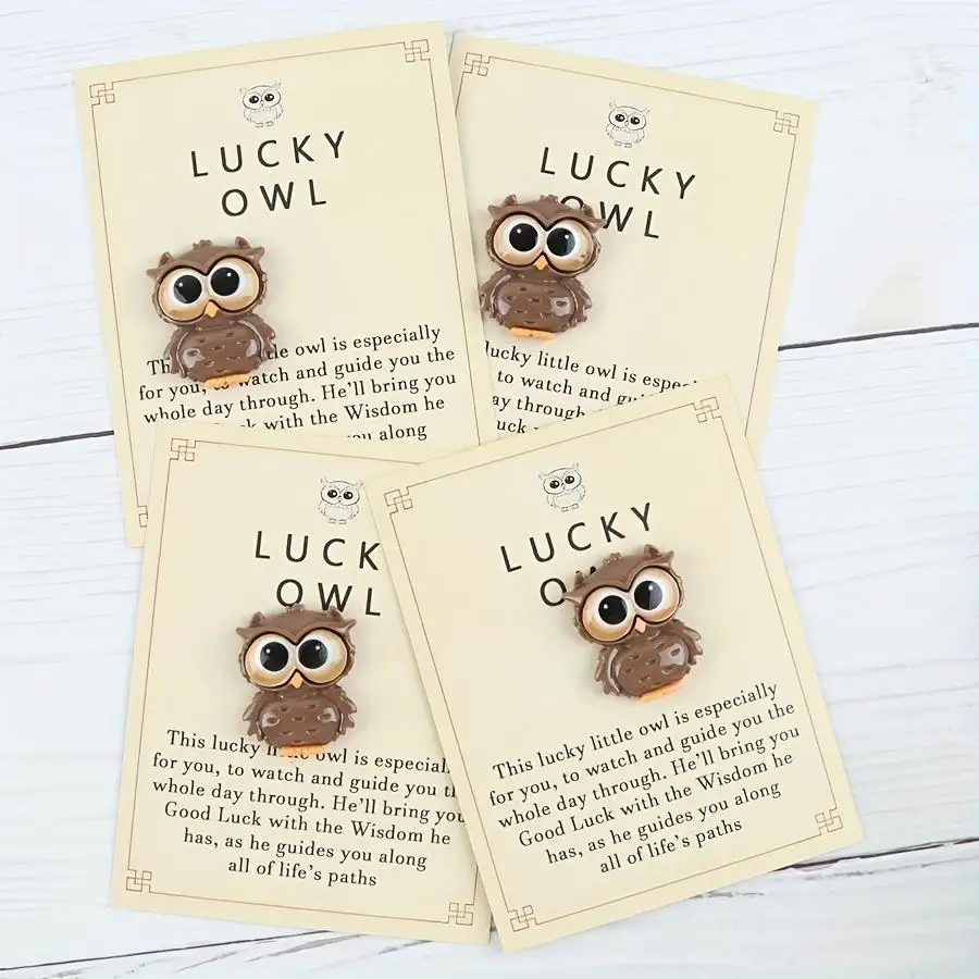 1/5/10/20/50/100pcs of 4 Brave And Lucky Inspirational Owl Greeting Cards, with Resin Owl Sculpture, Universal Holiday Gifts, So