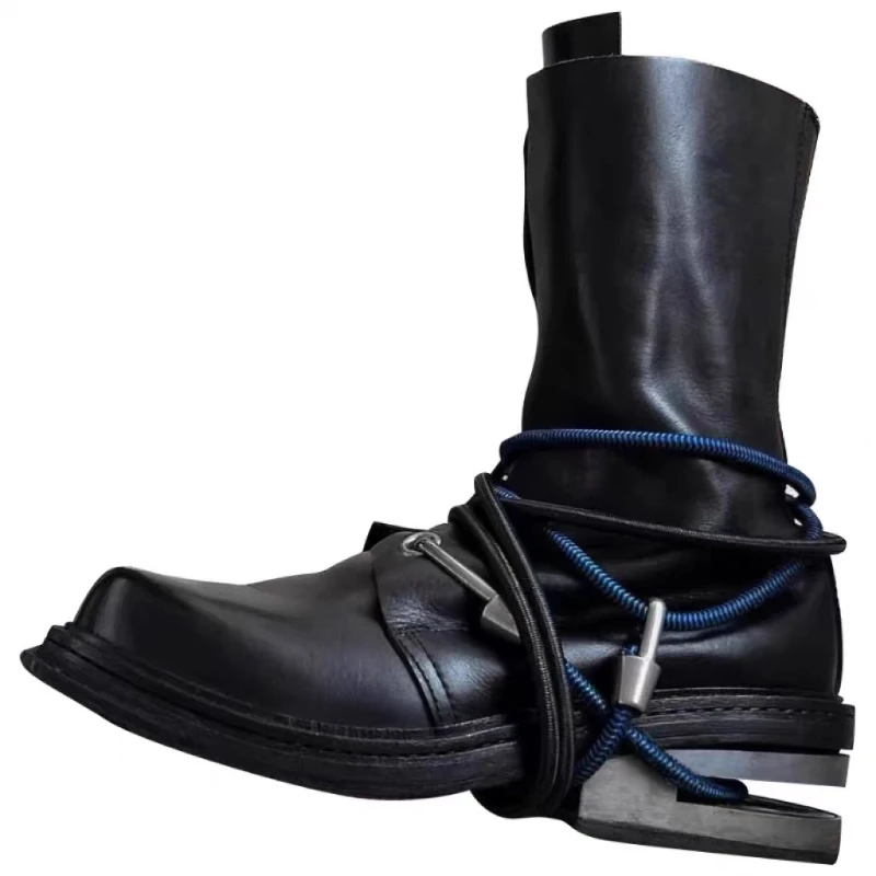 

Fashion Men's Genuine Leather Engineer Boots Strange Metal Chunky Heel Mid-Calf Round Toe Elastic Band Western Boots Women