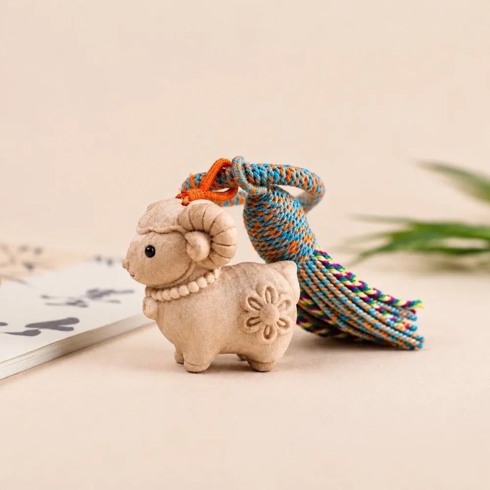 New Wood Lamb Keychain Handmade Craft Tassel Accent Tassel Keychain Handwoven Hanging Ring Lucky Sheep Charm New Year Gift