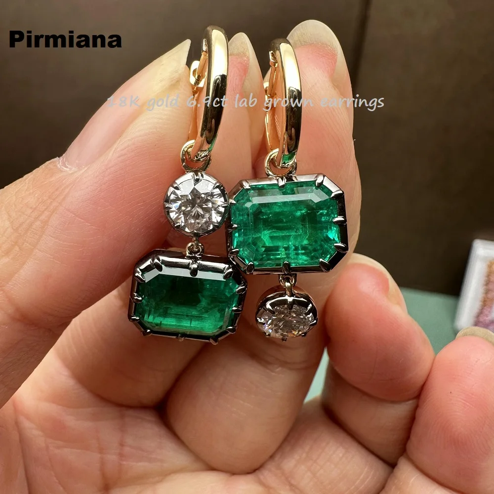 Pirmiana Custom Design 18 Gold 6.9ct Lab Grown Emerald Earrings with Side Labdiamonds Jewelry for Women Party Gift