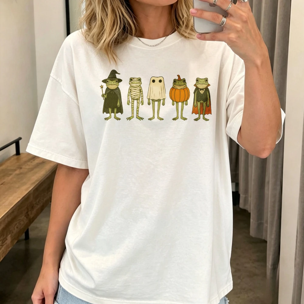 Funny Halloween Frog Cartoon Witch Mummy Ghost Pumpkin Graphic Printed T-shirt Vintage Casual Fashion Harajuku Cotton Tees