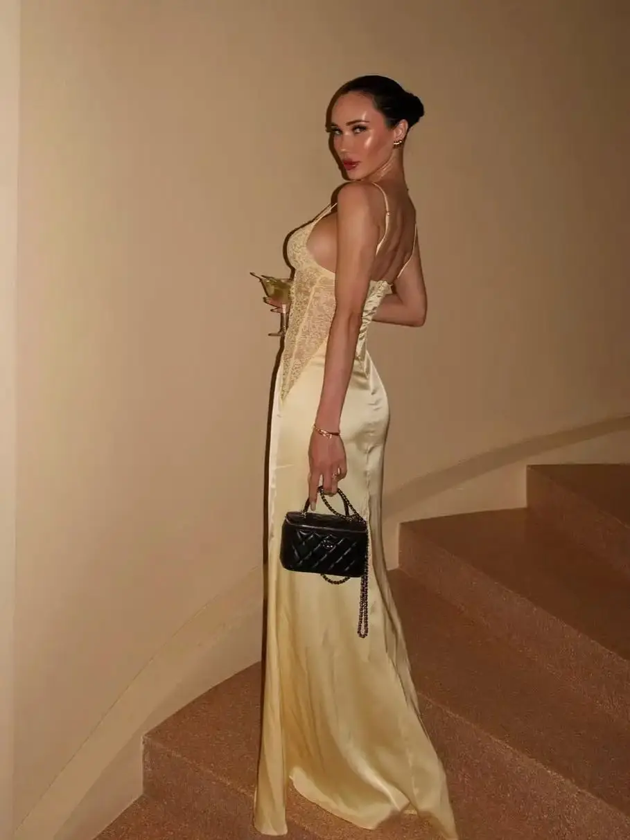 Ofherown Pale Yellow Satin Lace Mermaid Evening Dress Spaghetti Strap Deep V Prom Gowns for Cocktail Party Prom Gala