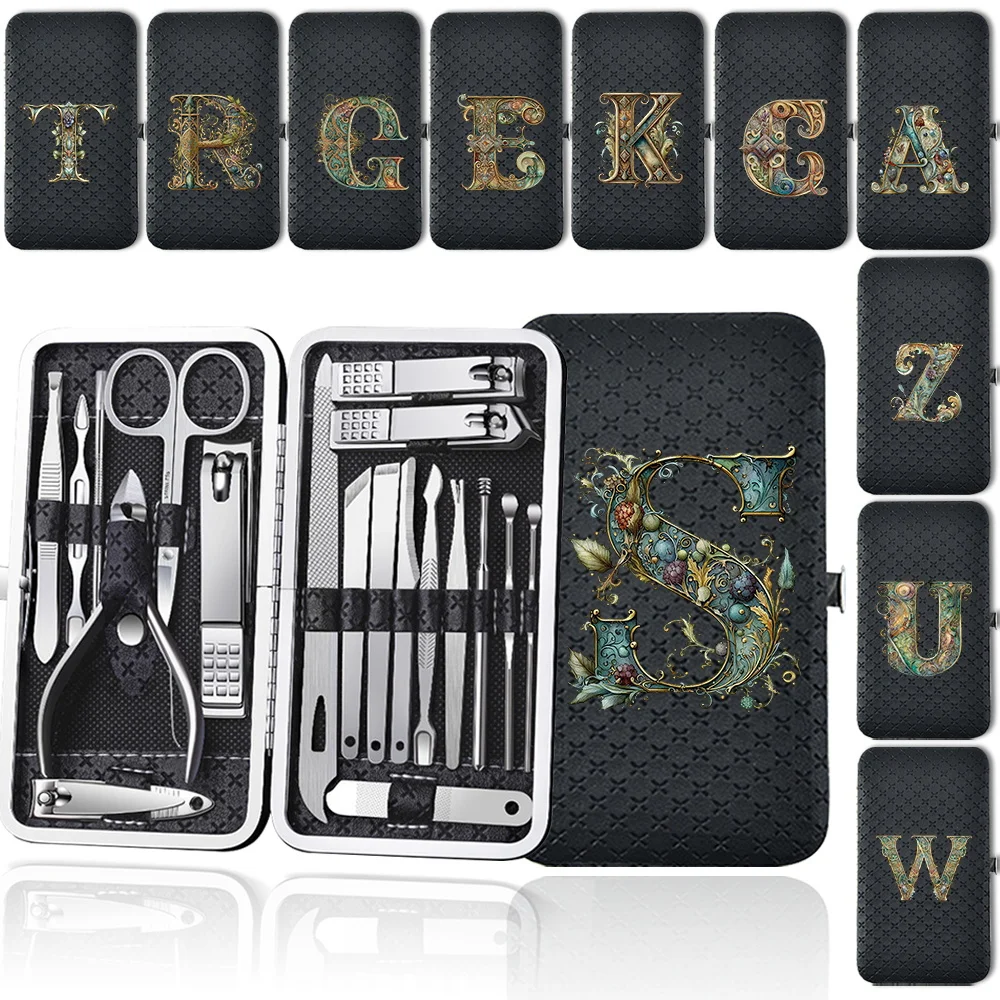 

Versatile 19pcs Nail Clippers Set Storage Box Portable Nail Clippers Set Home Manicure Trimmers Tools Kit Graphic Letter Pattern