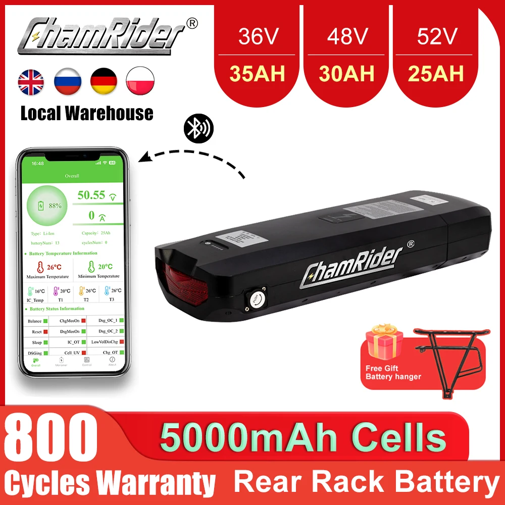 Rear Rack Battery 48V 52V Chamrider Ebike Battery 36V 21700 Cells 40A BMS Electric bicycle Battery Powerful Capacity BBS02 BBSHD