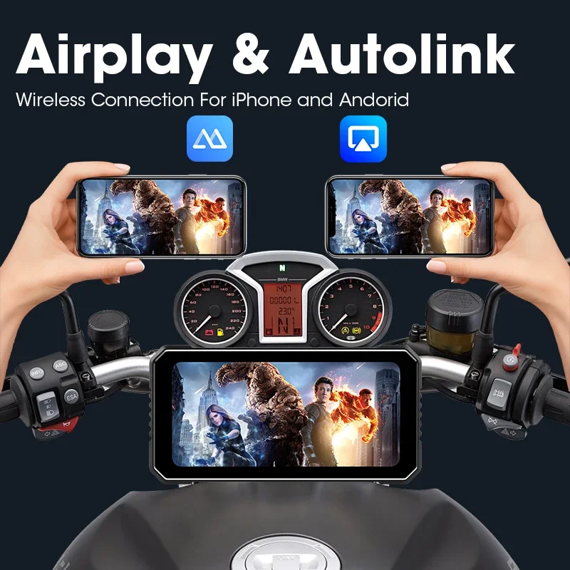 Jansite 6.25 بوصة 4K + 1080P عدسة Carplay للدراجات النارية نظام تحديد المواقع والملاحة اللاسلكية CarPlay أندرويد السيارات IP67 مقاوم للماء MirrorLink