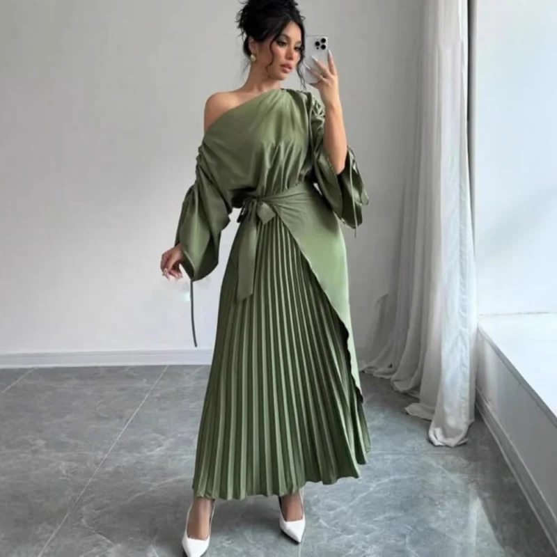 

2025 Autumn/Winter Cross border Europe America Middle East Foreign Trade Wear Folding Grand Swing with Belt Evening Dress