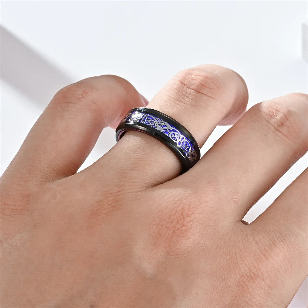 Men's 8mm Purple Stainless Steel Celtic Dragon Ring with Blue Carbon Fiber Inlay - Wedding Band Jewelry Gift
