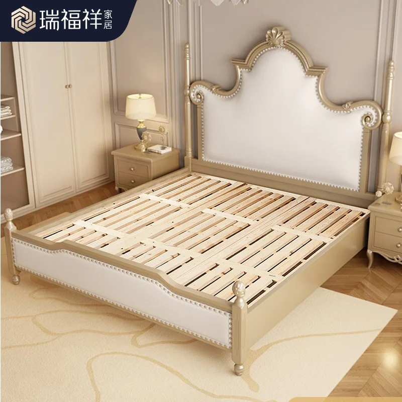 American light luxury leather bed master bedroom leather soft bag bed French cream wind sunflower solid wood bed 1.8 meters