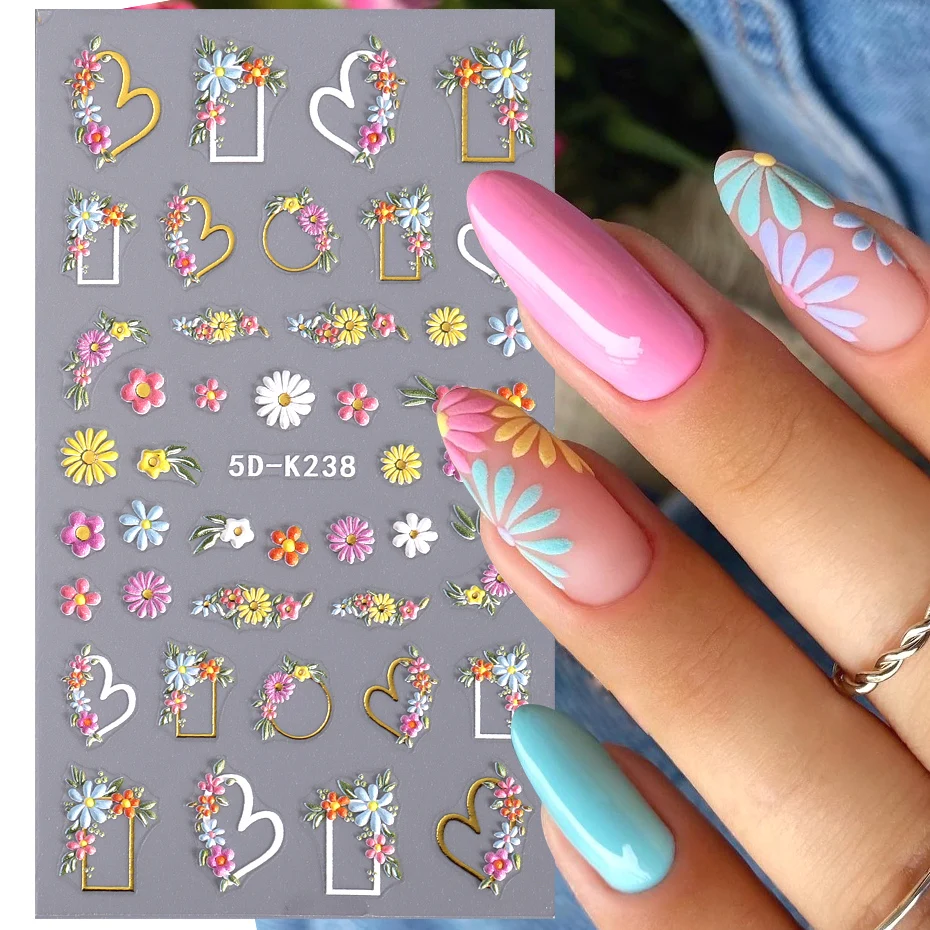 Small Daisy Flowers Nail Embossed Stickers Acrylic Elegant Simple Floral Golden Geometric French Decals Manicure Supplies Foils