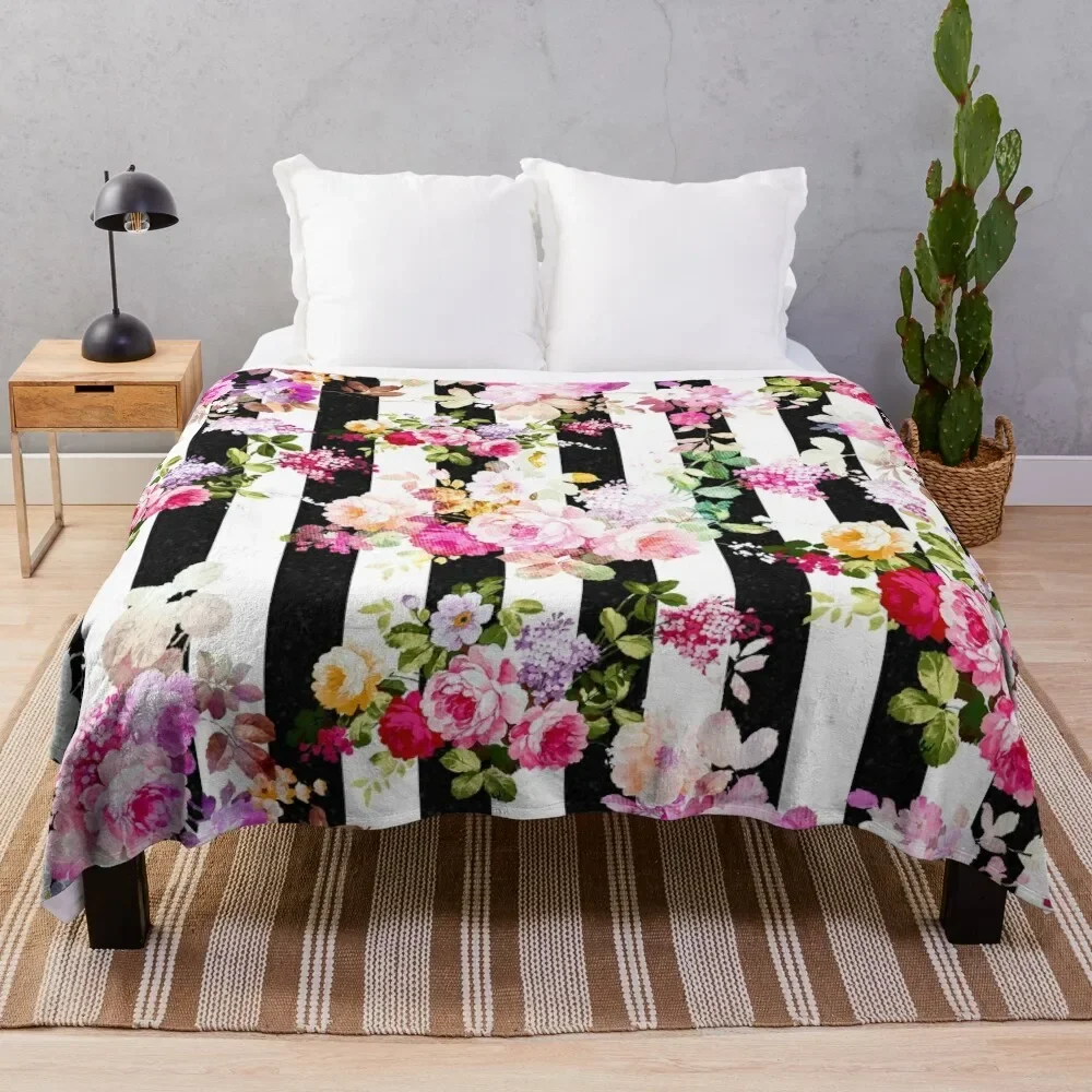 

Black and white stripes bright pink roses floral Throw Blanket warm winter Soft Blankets