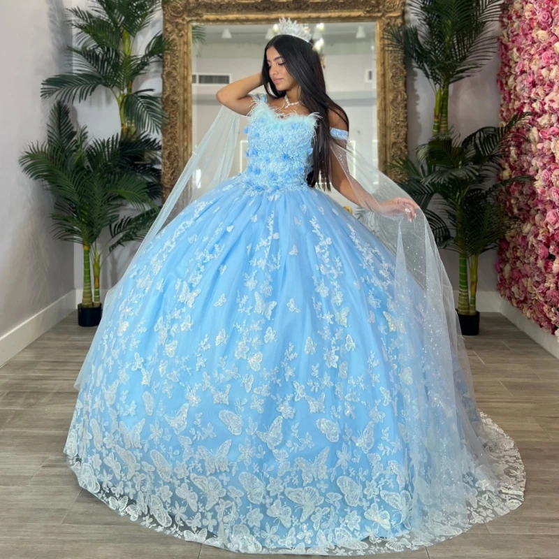 

Sky Blue Shiny Ball Gown Quinceanera Dresses Off The Shoulder Applique Flower Beads Party Birthday Sweet 16 Dress Vestidos 15