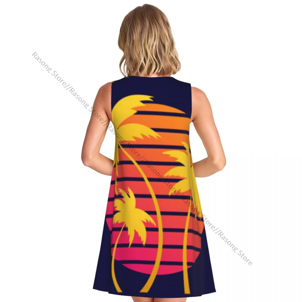 Women's Dress Summer Casual T Shirt Dresses Beach Cover up Palm Trees At Sunset Retro Style Tank Dress