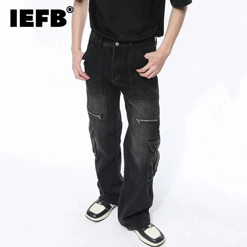 

IEFB 2024 Summer Multi-pocket Cargo Jeans Vintage Zippers Street Wear New Trendy Male Solid Color Male Denim Pants 9C4797