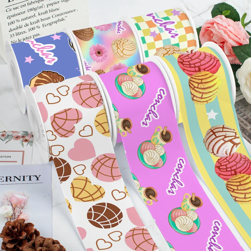Mexican Food Conchas Shell Shaped Bread Pattern Grosgrain Ribbon Satin Ribbon for Cheer Bows Girl Hair Bows Cartoon DIY Craft