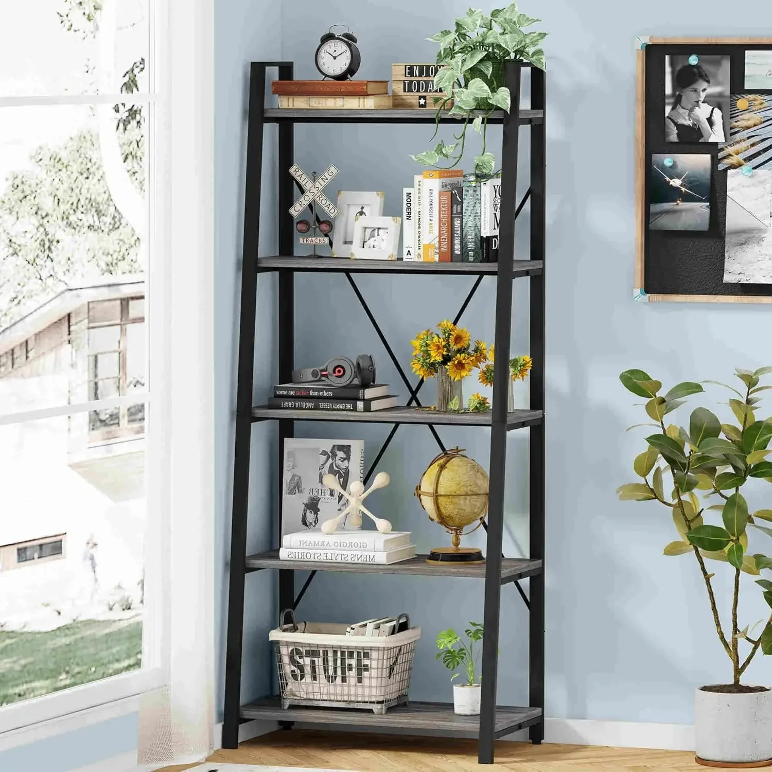 5-Tier Ladder Shelf, Industrial Leaning Bookcase, Wood and Metal Ladder Bookshelf for Living Room, Bedroom, Kitchen,