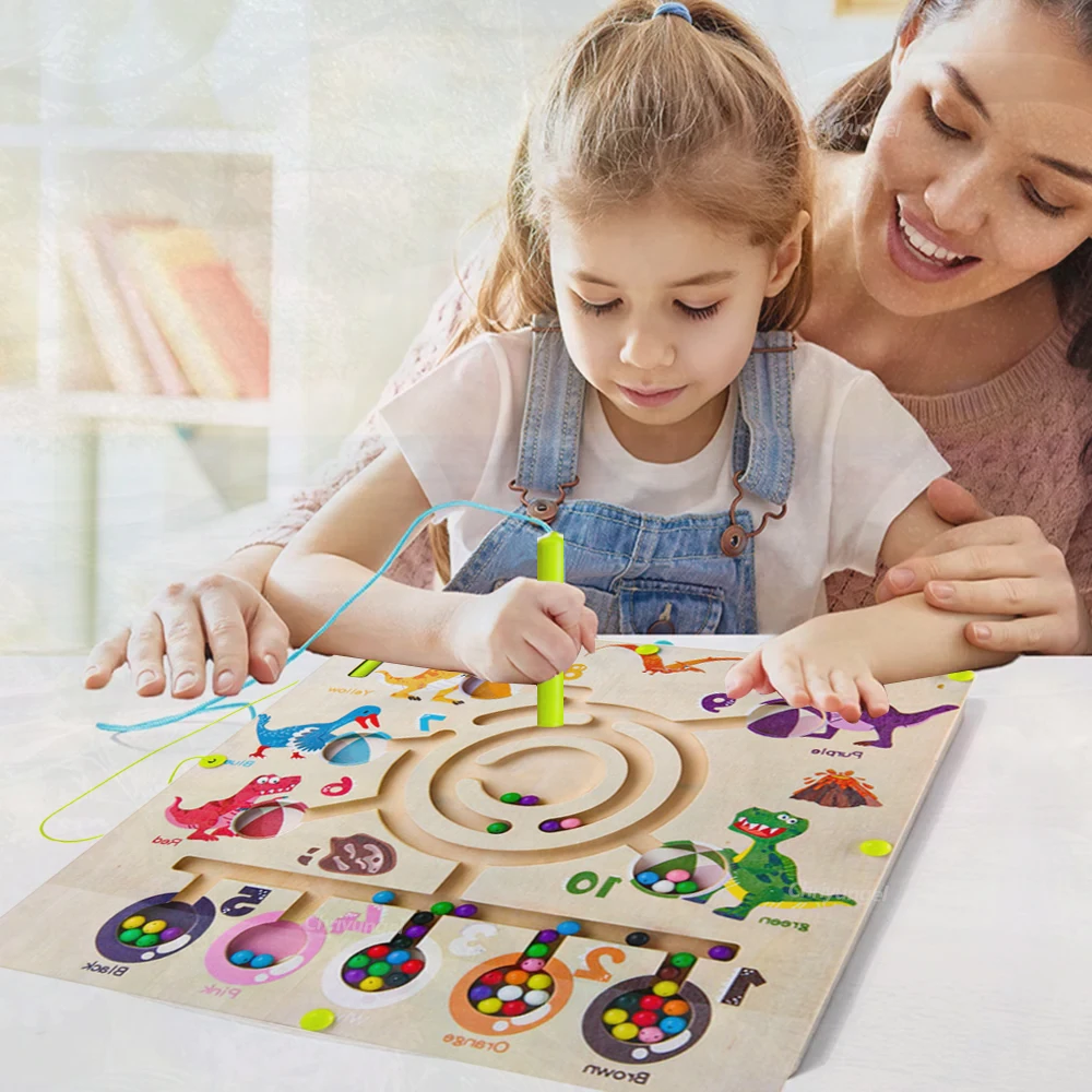 لعبة المتاهة المغناطيسية الخشبية من مونتيسوري، لعبة محرك رفيعة تعليمية، لوحة فرز الألوان والشكل، هدية للأطفال الصغار #2