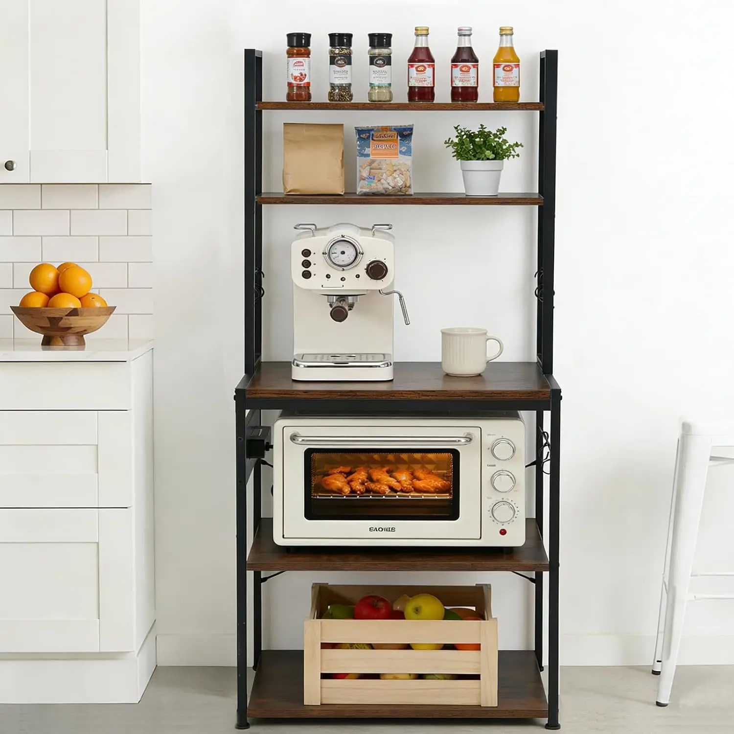 Bakers Rack with Power Outlet - Microwave Oven Stand 5 Tiers, Kitchen Storage Shelf Rack with 6 S-Shaped Hooks, Coffee Bar Cabin