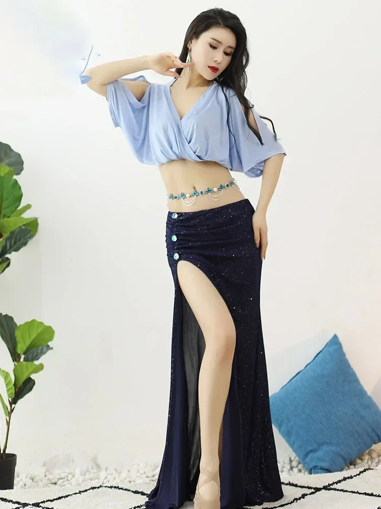 

Summer New Belly Dance Practice Suit Set Solid Color Sexy Top + mesh Dance Skirt Belly Dance Hip Scarf long skirt