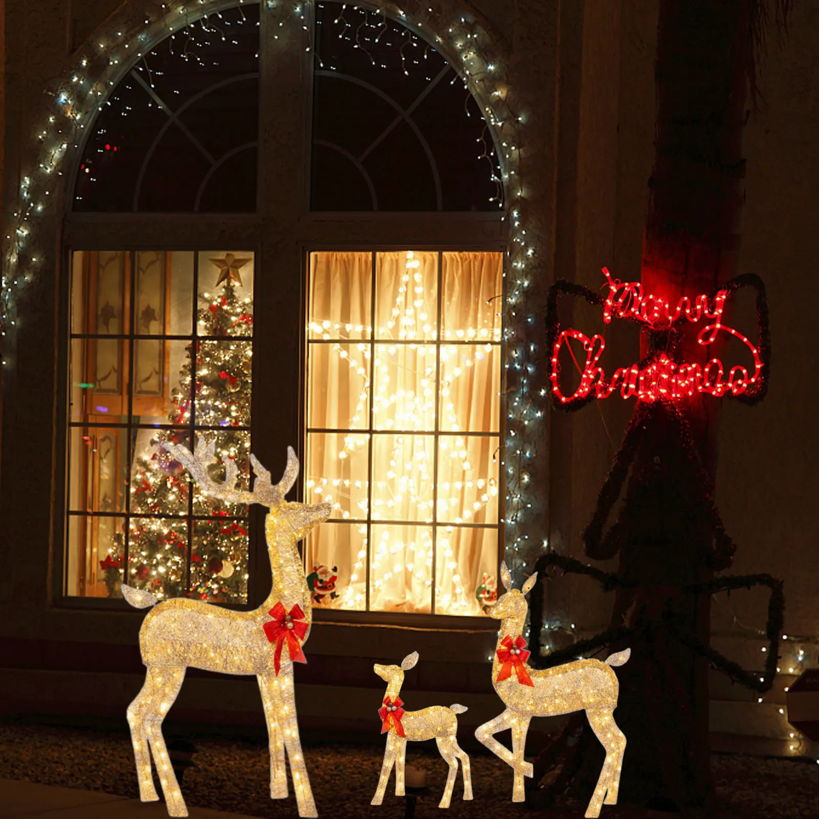 3D Reindeer Theme Lights Christmas Elk Decoration LED Lights Christmas Supplies Metal Luminous Christmas Reindeer