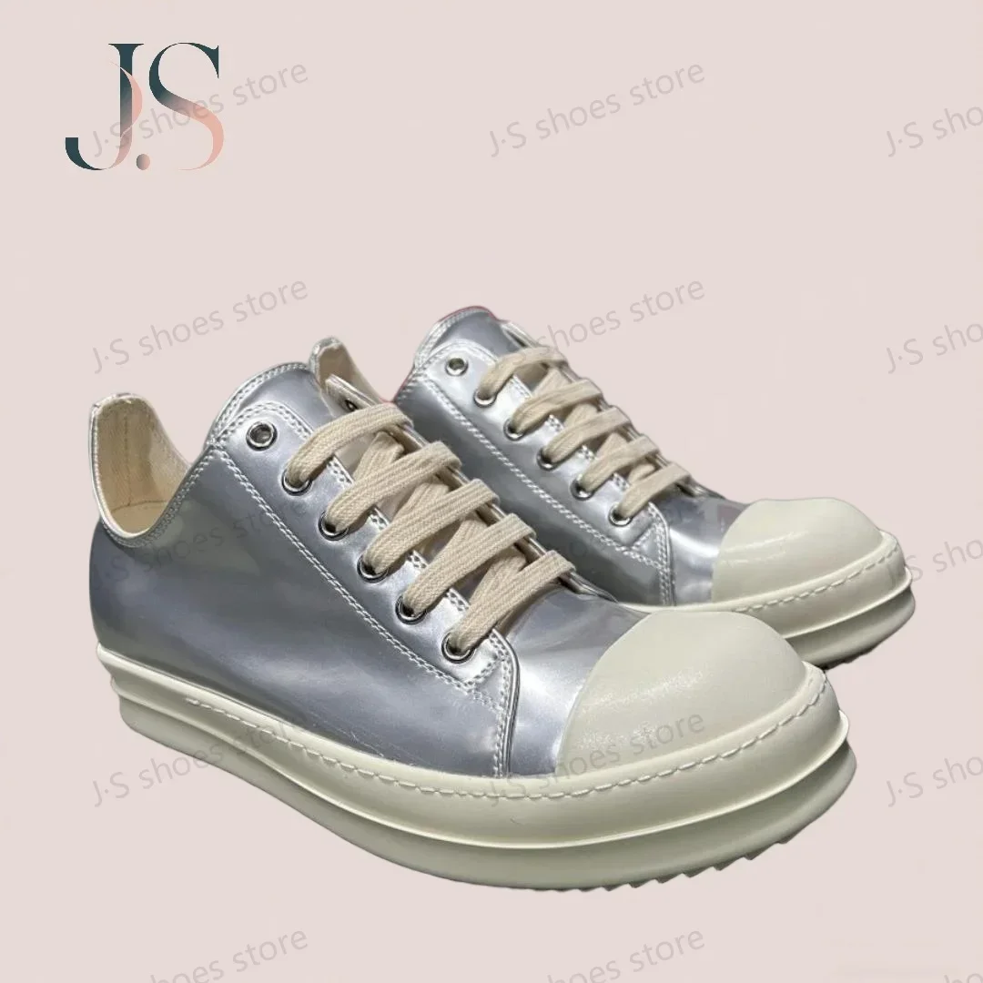 

Ro Designer Mirror Superfiber Patent Silver Leather Low Top Shoe Men Sneaker Cowhide Women Casual Shoes Retro Lace Up Sneakers