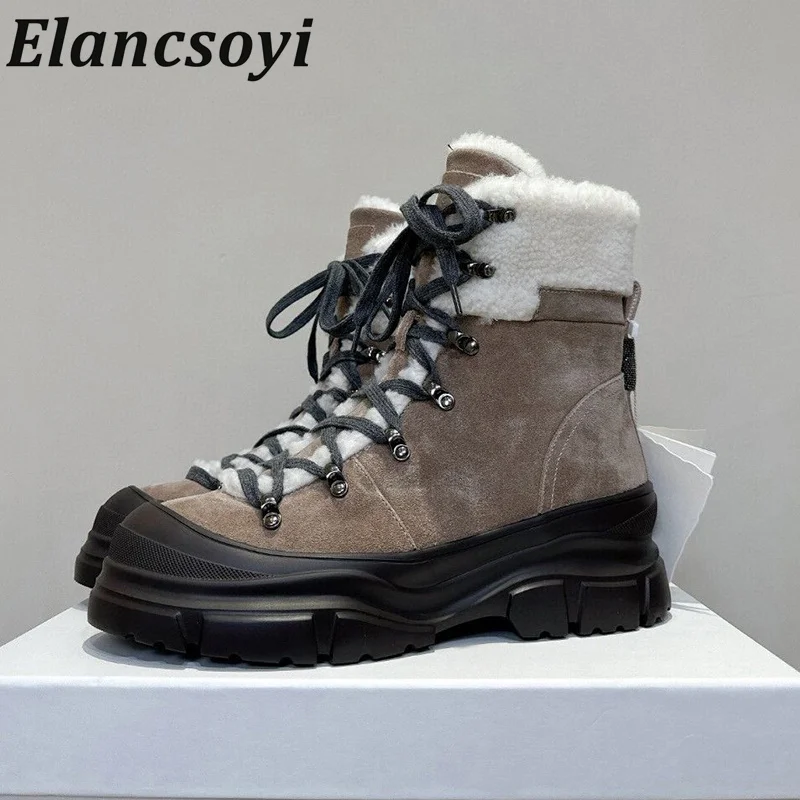 Winter Thick Soled Ncreased Height Snow Boots Women's Fur One-Piece Lace Up Short Boots Platform Warm Real Wool Ankle Botas