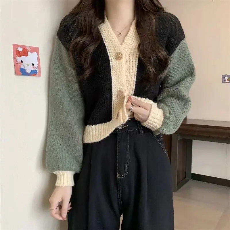 Chic Patchwork Colorful Sweater Cardigans for Woman Autumn Winter Short Coats V Neck Single Breasted Cropped Cardigan Tops