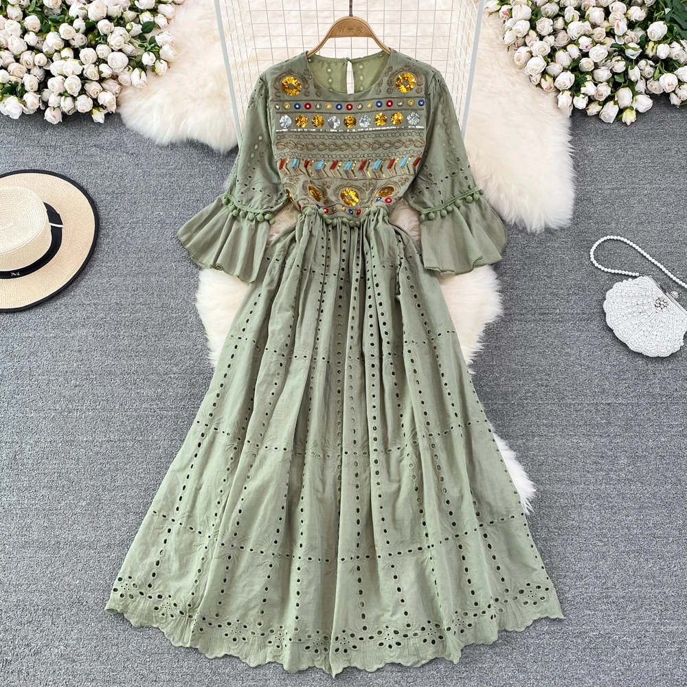 Vintage Elegant Lace Hollow Out Summer Dress Women\'s Short Sleeve Crochet Embroidery Blue White Bohemian Long Dresses