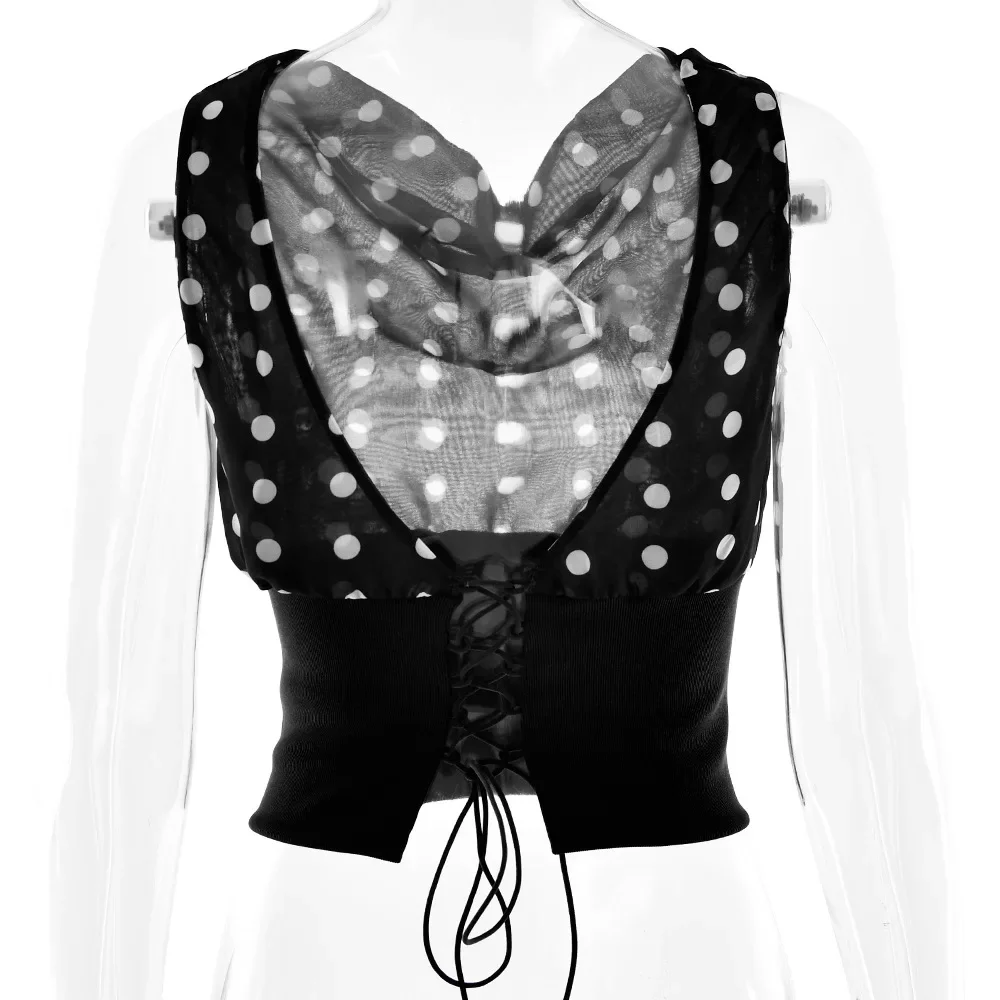 Polka Dots Print Patchwork Chiffon Crop Top Women Sexy Oblique Shoulder Sleeveless Lace Up Backless Blouse Casual Streetwear Tee