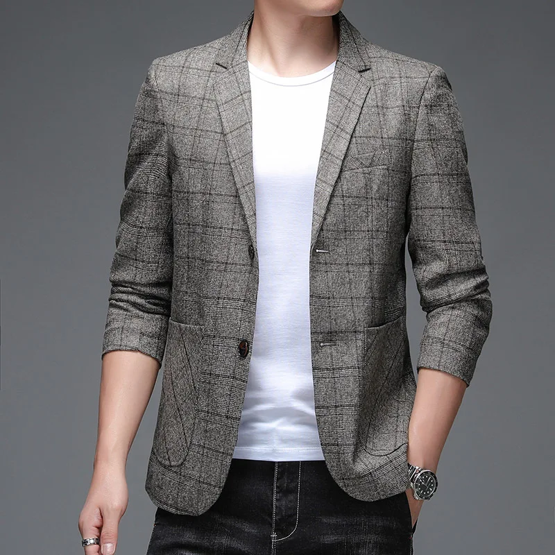 HOO 2024 Men's New Autumn Plaid blazer  Youth Double Buckle Business Casual   blazer