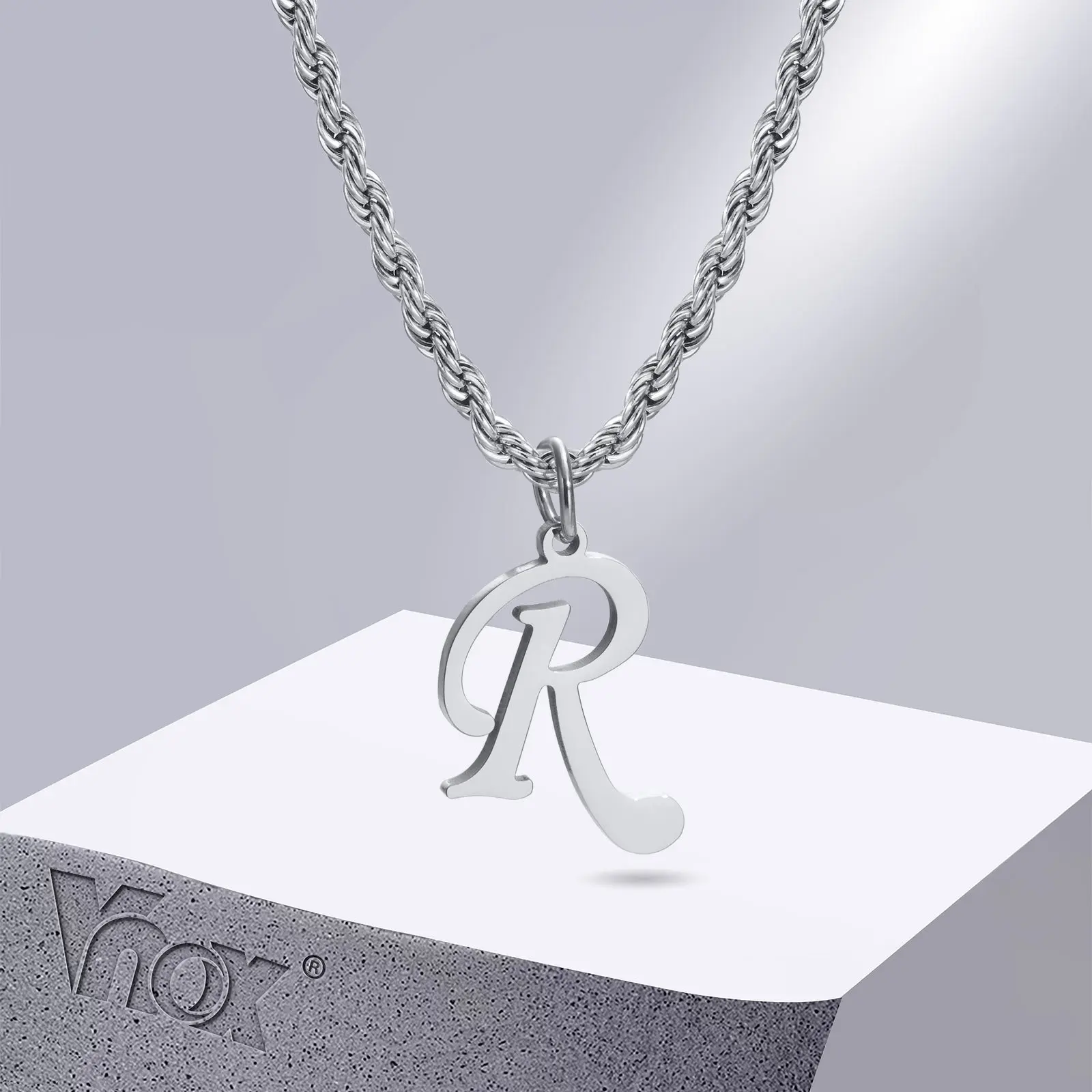 Vnox A-Z 26 Letters Unisex Necklaces, Men Women Initials Pendant, Twisted Stainless Steel Rope Chain Collar, Name Jewelry