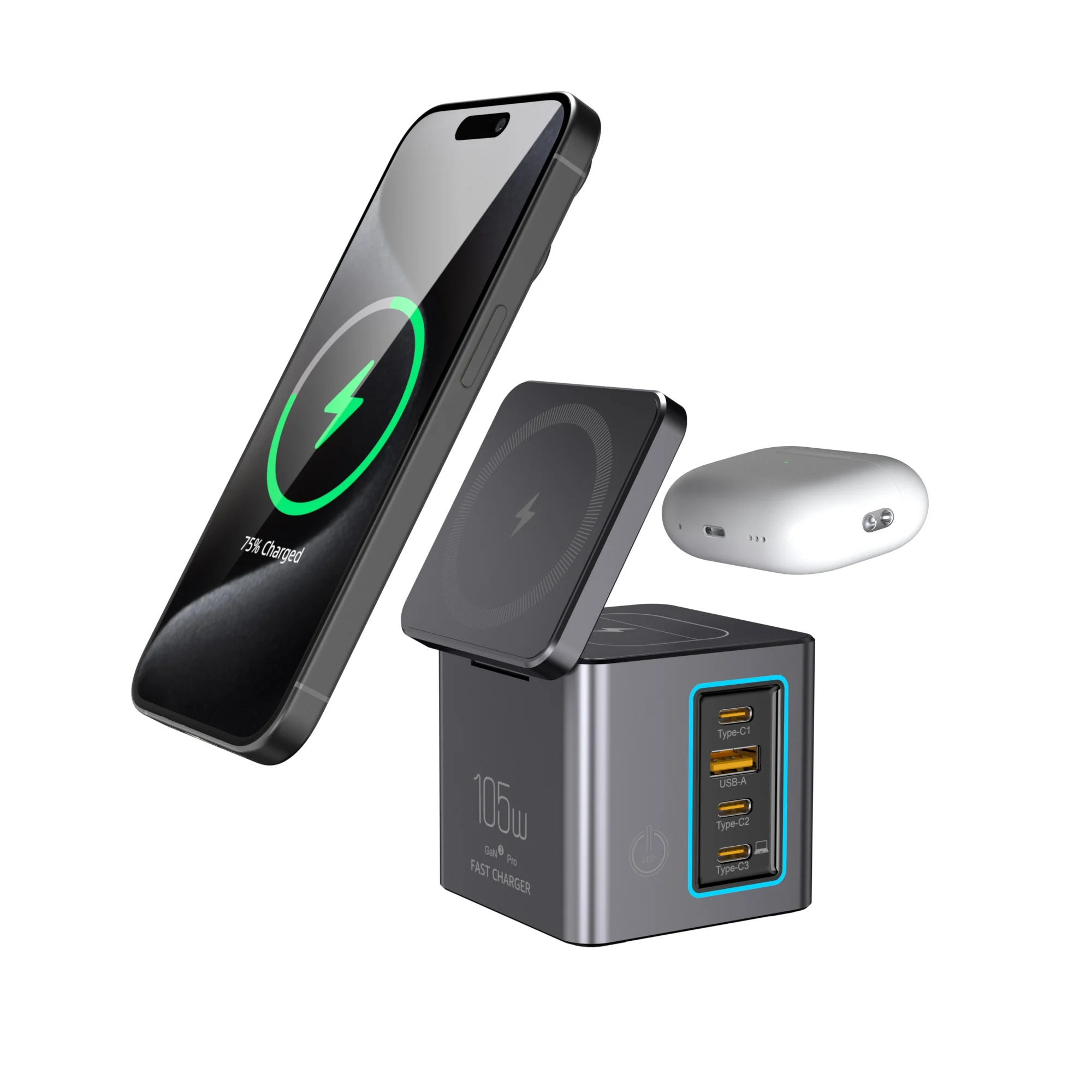 

Зарядная станция GaN 105 Вт, комбинированный блок питания USB-C USB-A для нескольких устройств, беспроводная зарядка 15 Вт для 16 15