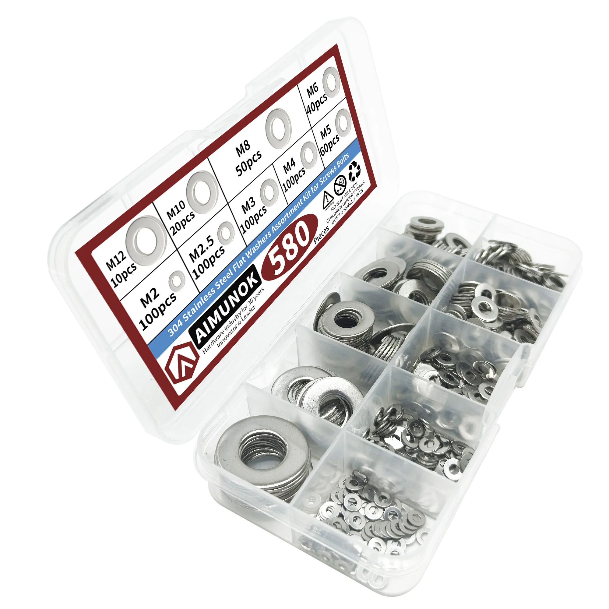 304 aço inoxidável Flat Washer Variedade Kit, Fixadores Ferramentas, Acessórios de Reparação, Ferramentas roscadas, M2, M2.5, M3, M4, M5, M6, M8, M10, M12, 580Pcs