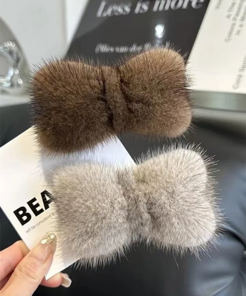 Luxury Real Mink Fur Hair Larg Bowknot Hairpin Side Clip Net Red Cute Olush Fur Headdress Shiny Hair Scratch Accessories Gifts