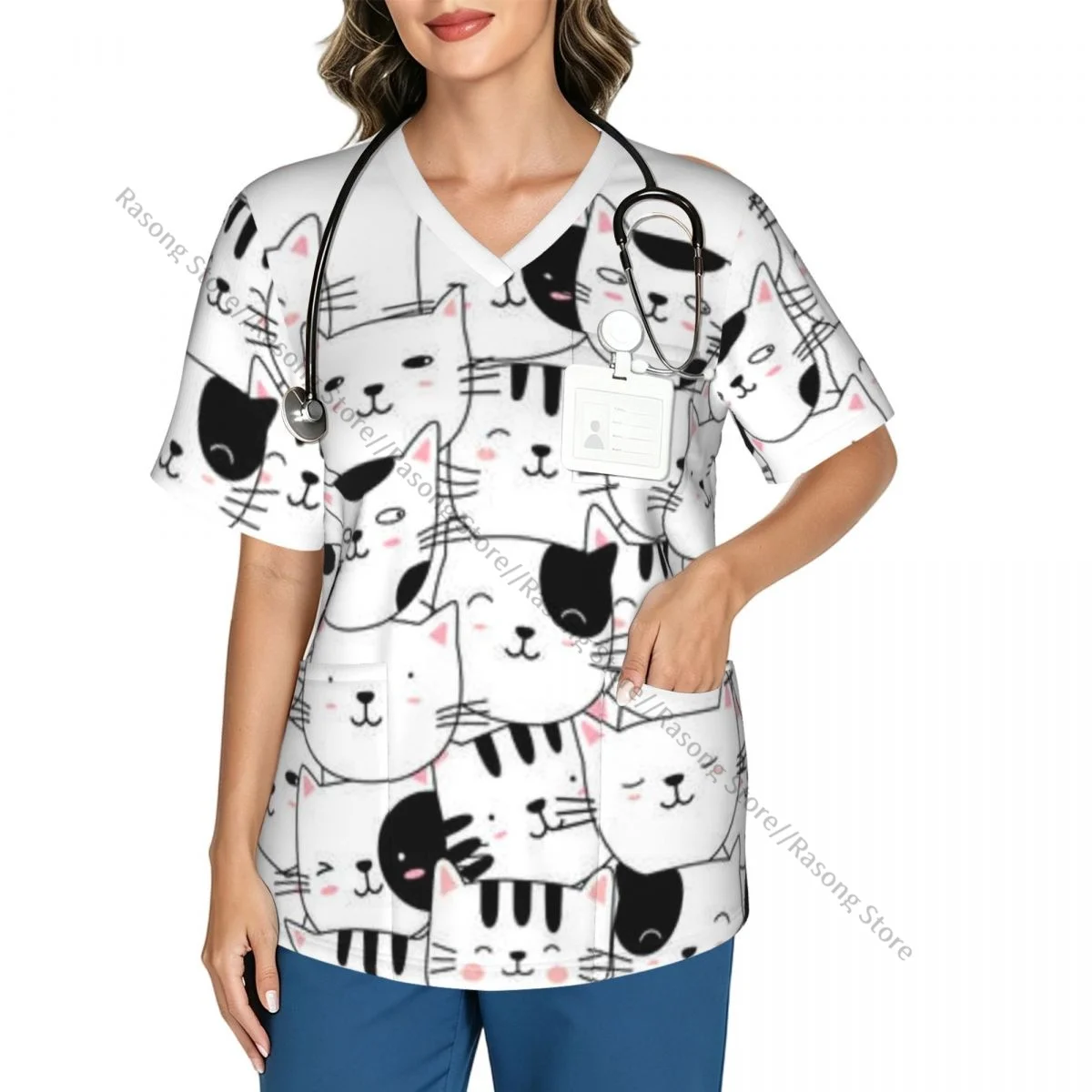 Cute Cat Animal Cartoon Scrubs Medical Uniforms Women V Neck Short Sleeve Tunic Scrubs Tops Nursing Surgical Uniforms
