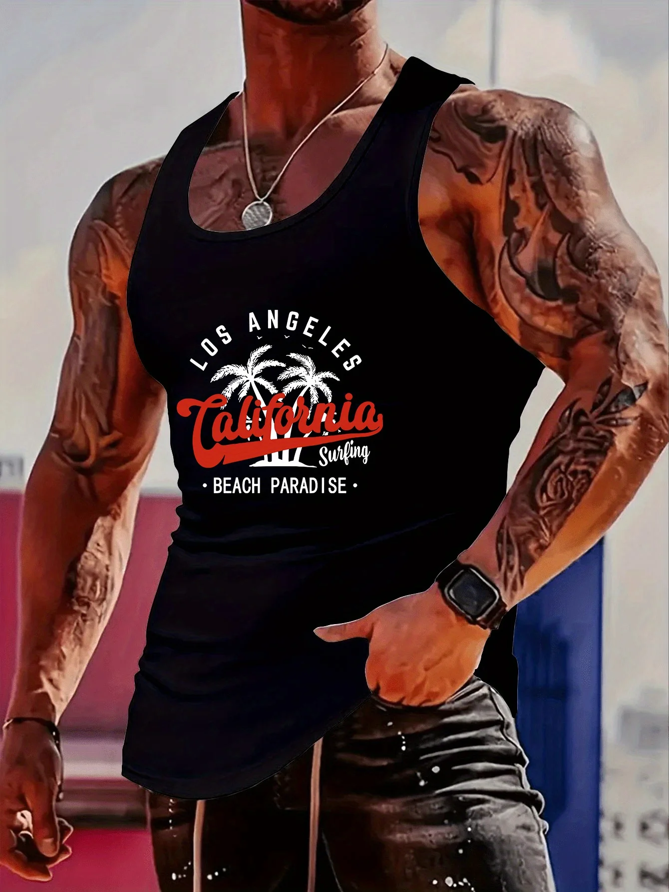 

Men's California Beach Paradise Sleeveless Top - Palm Tree Design Form-fitting Fitness Shirt