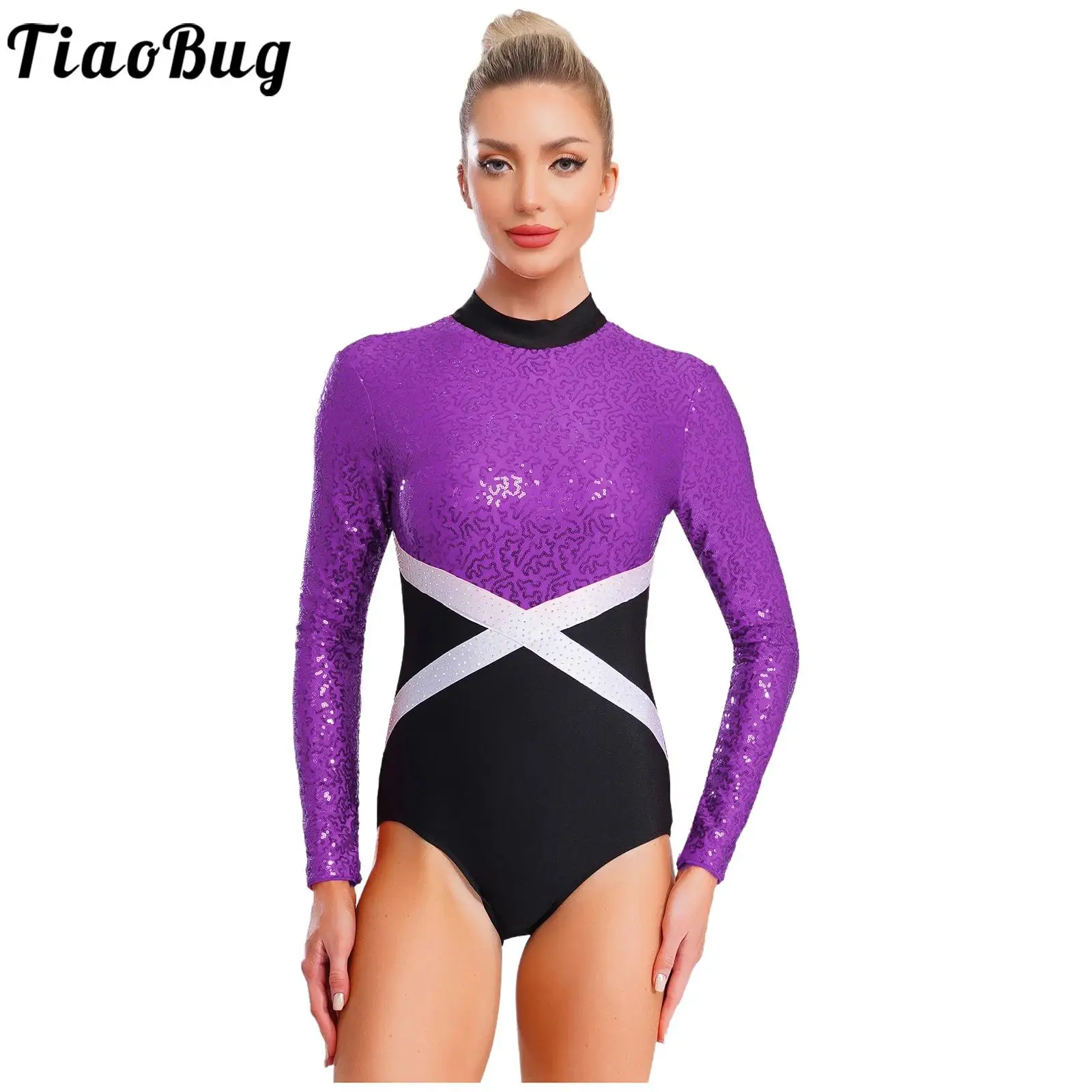 

Women Gymnastic Leotard Stage Costumes Ballet Dance Jumpsuits Long Sleeve Glittery Sequin One-piece Bodysuit for Figure Skating