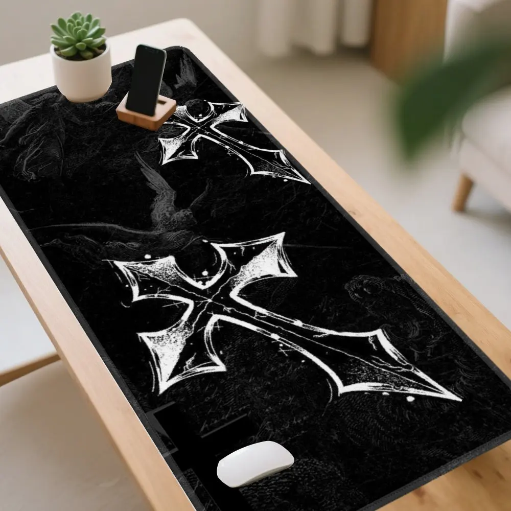 Gothic Cross Design Extended Gaming Mouse Pad Aesthetic Desktop Mat Durable Rubber Base Office Mousepad
