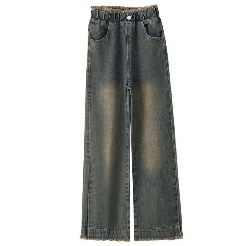 Pantalones vaqueros gruesos y cálidos de lana para niñas, pantalones de pierna ancha para niños, pantalones casuales que combinan con todo,
