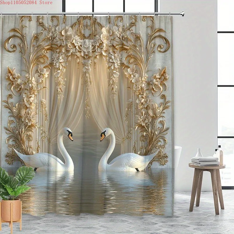 1pc elegant white golden floral arch shower curtain -   With Hooks Waterproof Mildew Proof Easy Install Washable