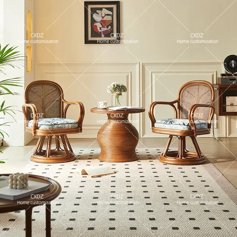 Retro Natural Indonesian Rattan Chair Rotatable Armrest Backrest Living Room Balcony Table and Chairs Three Piece Set