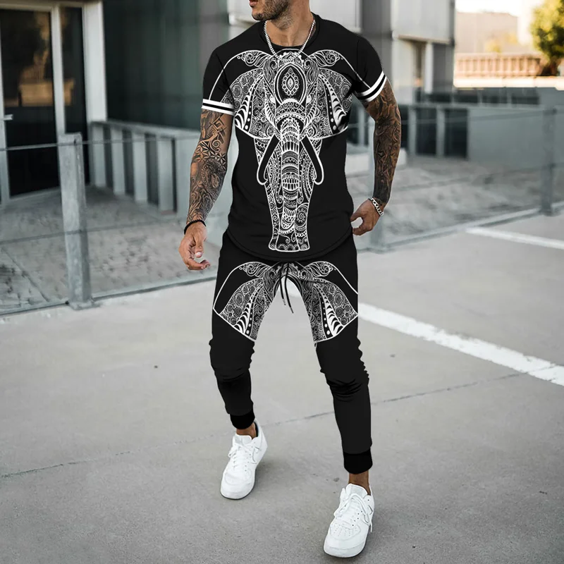 Men's Summer Clothing Fashion Set Oversized Hip Hop Short Sleeve T-Shirt Trousers Suit Sportswear Chic Animal Picture Retro