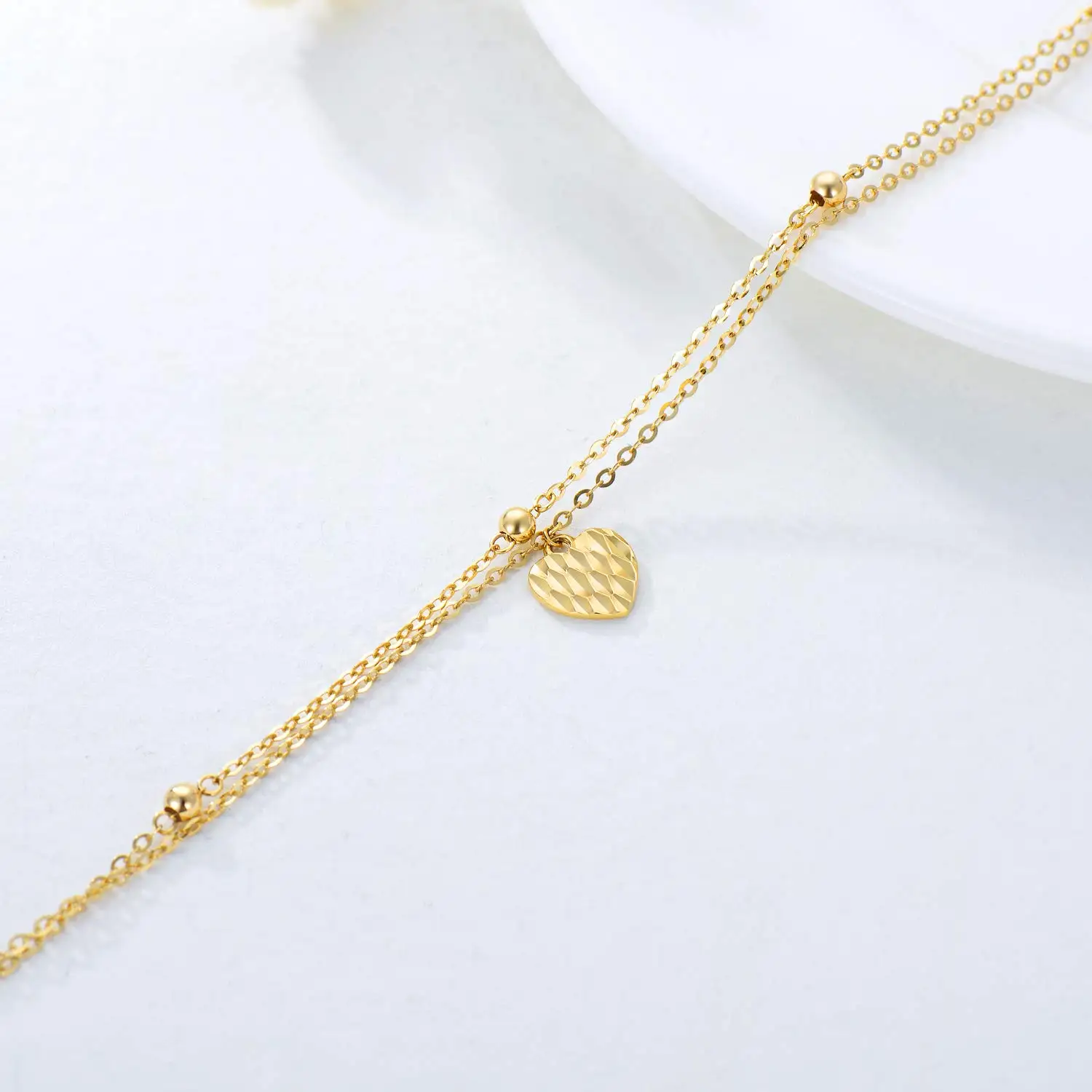 YFN 14K Solid Yellow Gold Heart Anklet for Women Real Gold Double Chains Anklet Beach Anklet Fine Jewelry Birthday Gifts