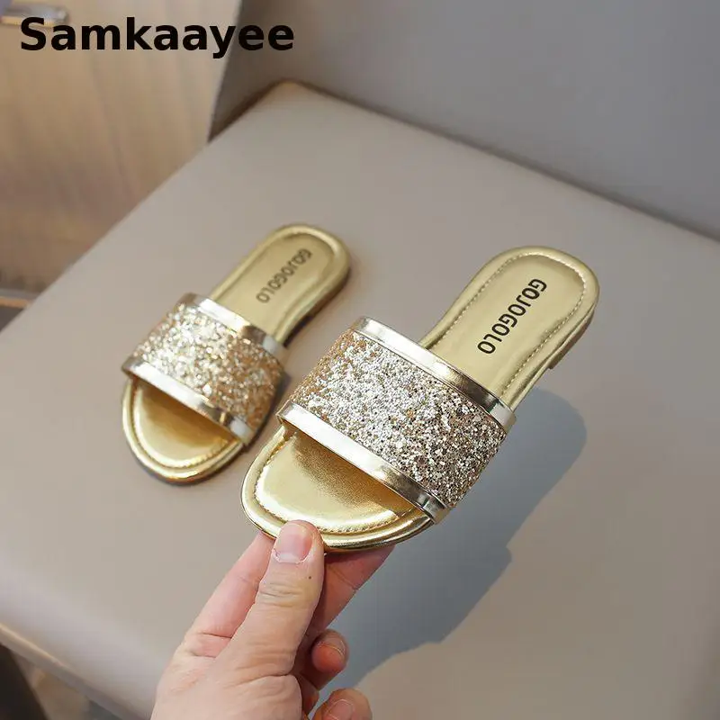 

4-12y Children Slippers Summer Girls Rhinestones Princess Sandals Kids Soft Sole Non-slip Indoor Casual Breathable Beach Shoe y1